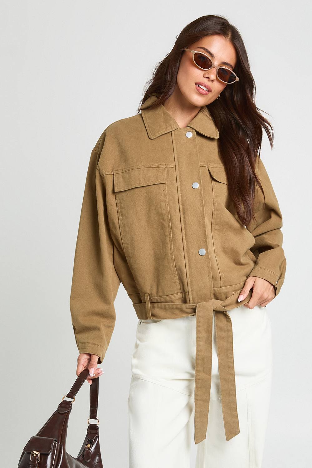 boohoo Women's Belted Button Up Jacket in Tan by boohoo