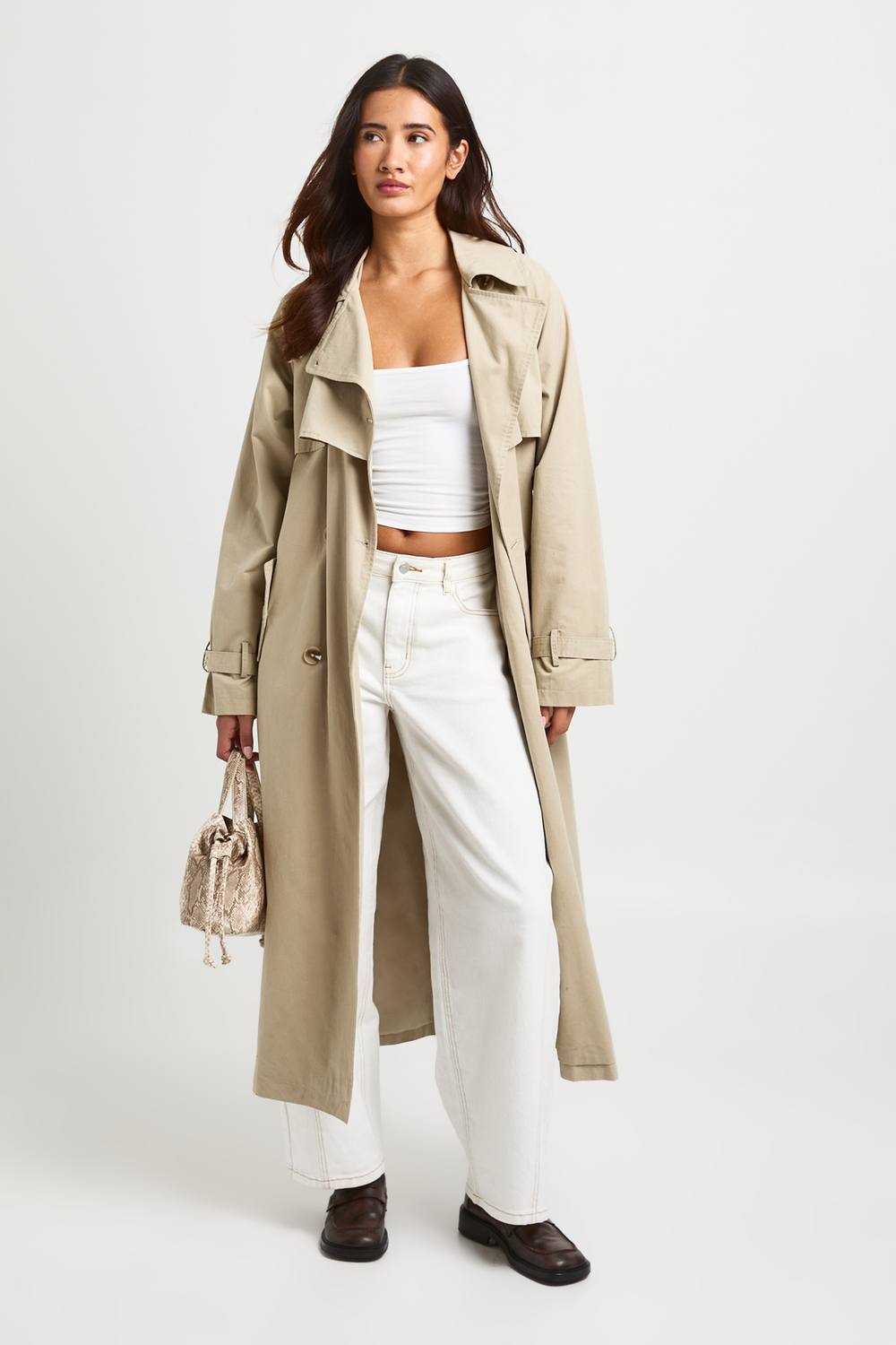 boohoo Women's Belted Double Breasted Trench Coat in Stone by boohoo