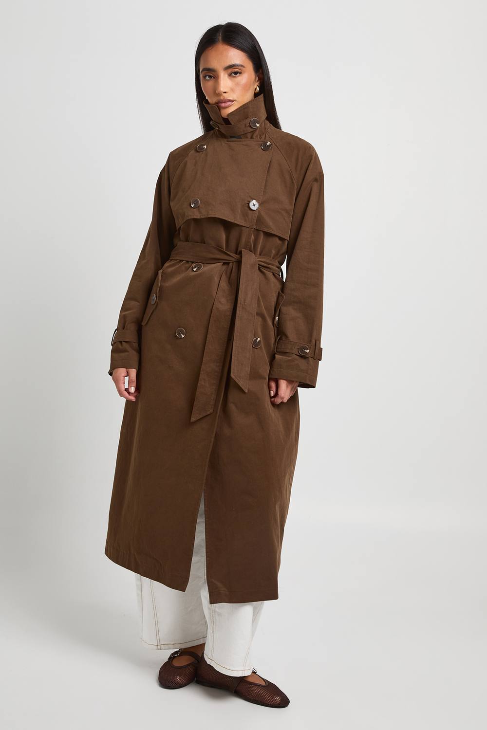 boohoo Women's Belted Double Breasted Trench Coat in Chocolate by boohoo