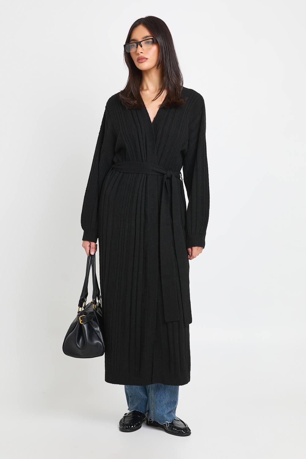 boohoo Women's Belted Mixed Rib Soft Knit Maxi Cardigan in Black by boohoo