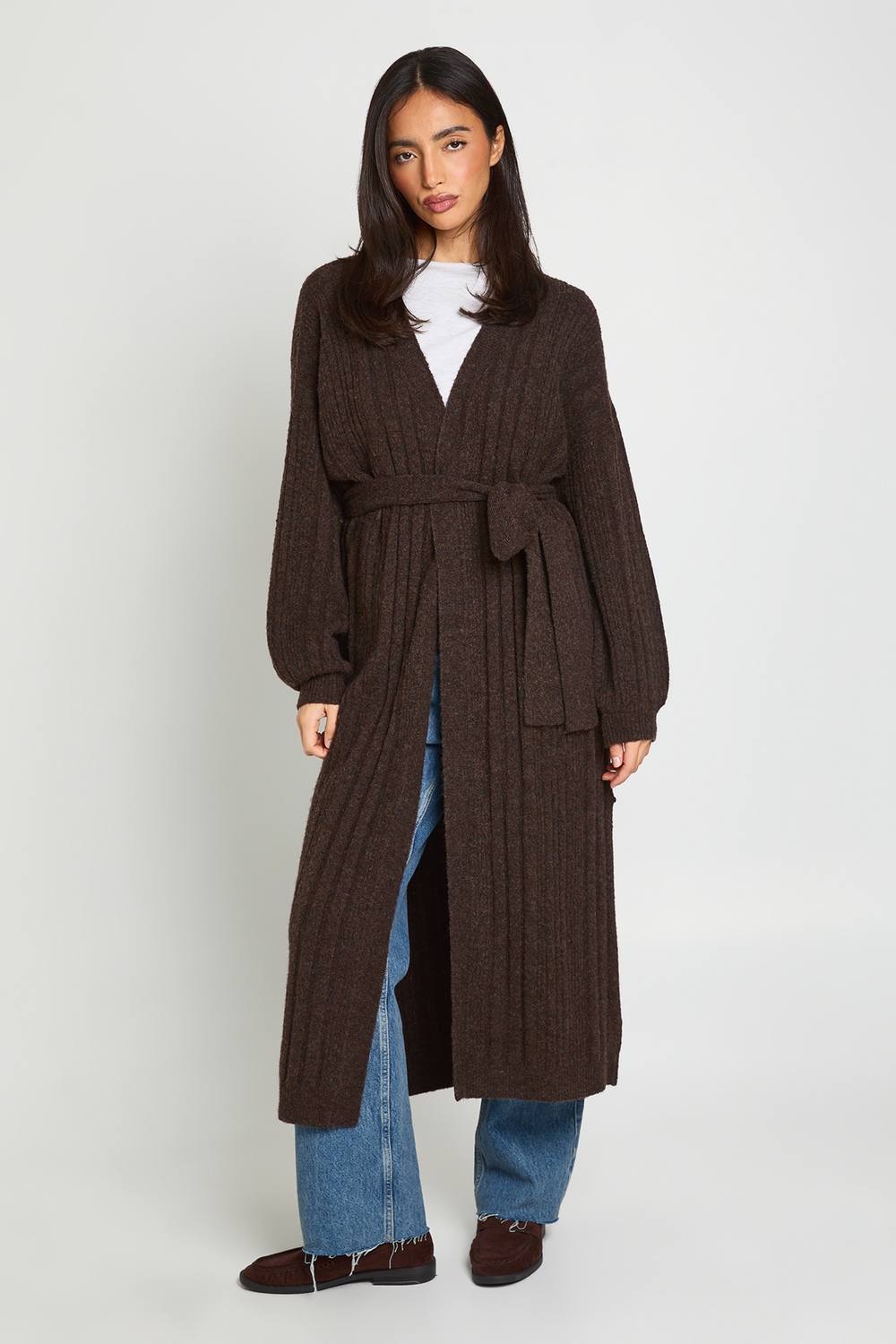 boohoo Women's Belted Mixed Rib Soft Knit Maxi Cardigan in Chocolate by boohoo