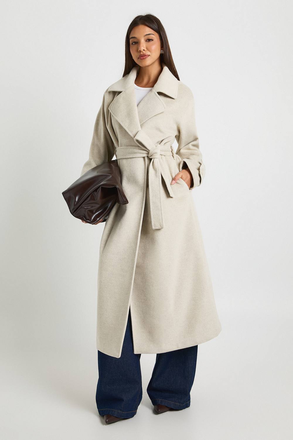 boohoo Women's Belted Wool Blend Coat in Stone by boohoo