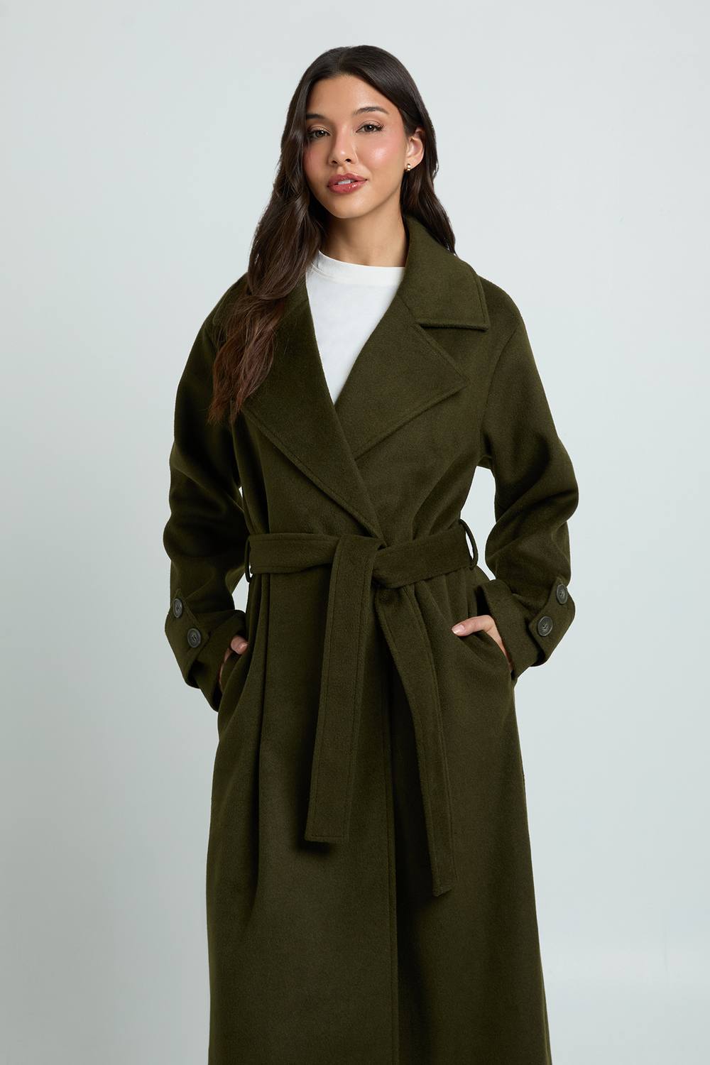 boohoo Women's Belted Wool Blend Coat in Khaki by boohoo