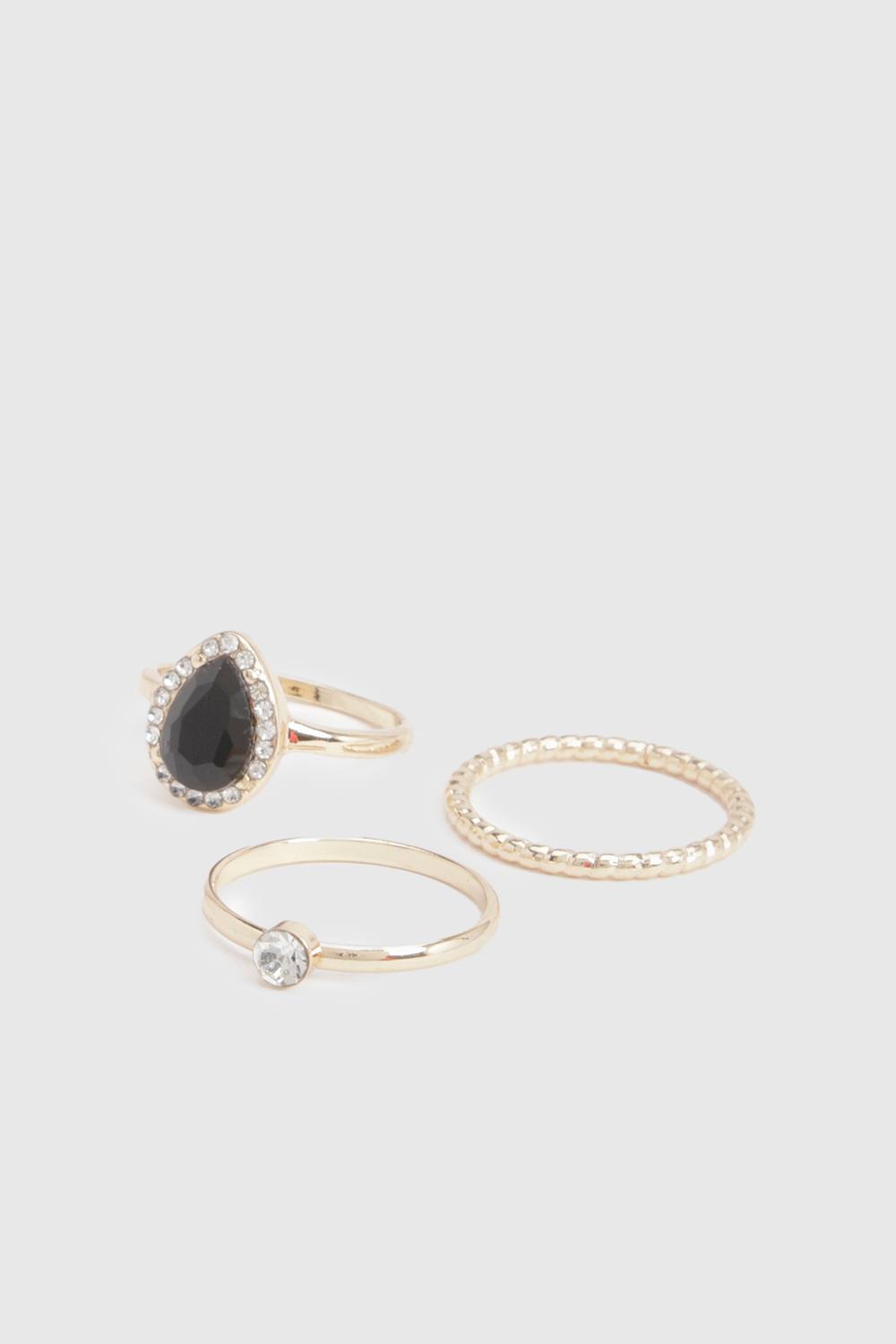 boohoo Women's Black Embellished Stone Rings 3 Pack in Gold by boohoo