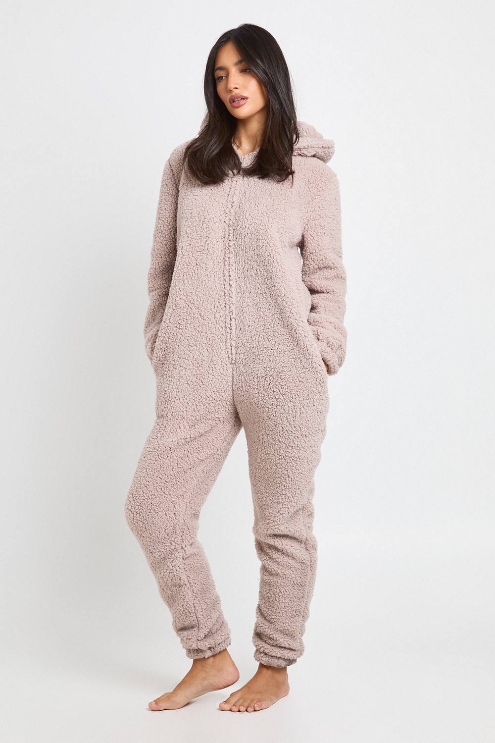 boohoo Women's Borg Fleece Onesie With Ears in Brown by boohoo