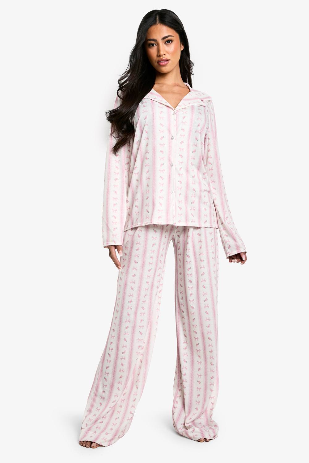 boohoo Women's Bow Print Long Sleeve Shirt & Trouser Pyjama Set in Pink by boohoo
