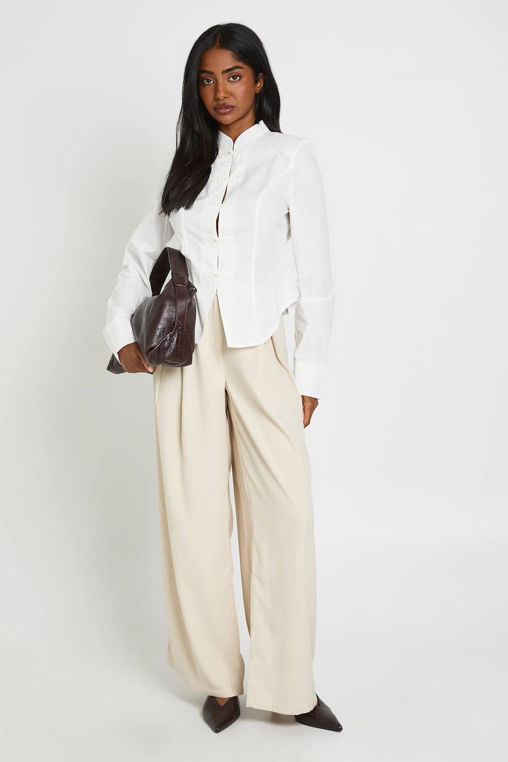 boohoo Women's Box Pleat Wide Leg Tailored Trousers in Ecru by boohoo