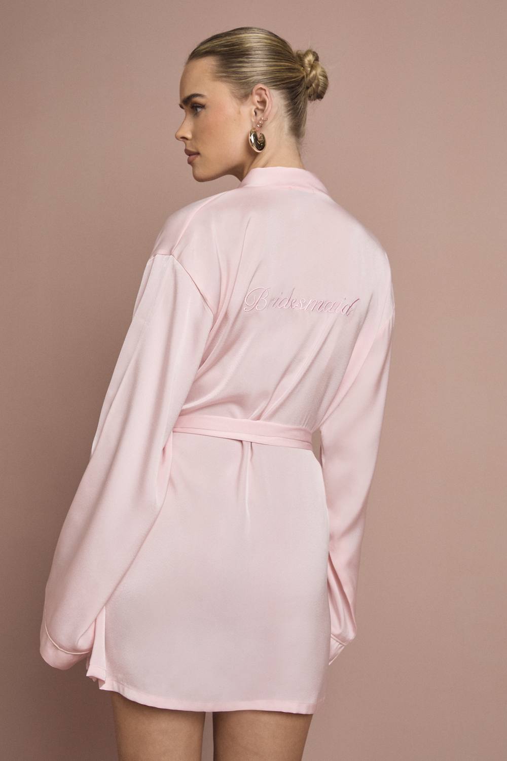 boohoo Women's Bridal 'bridesmaid' Satin Embroidered Short Robe in Baby Pink by boohoo