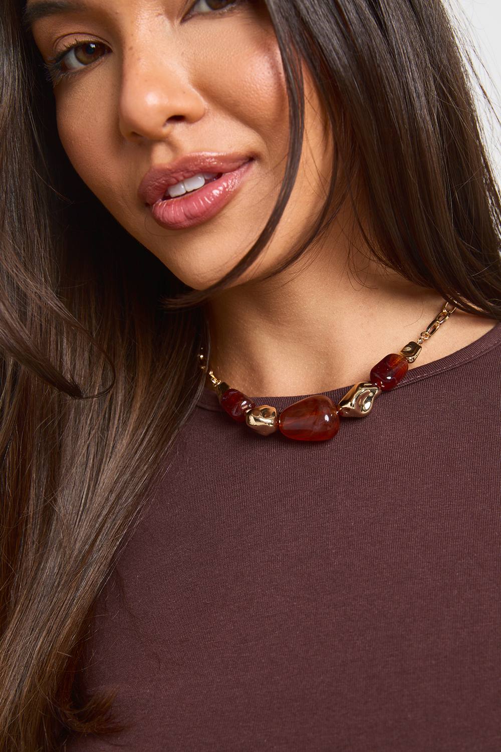 boohoo Women's Brown Resin & Gold Beaded Statement Necklace by boohoo