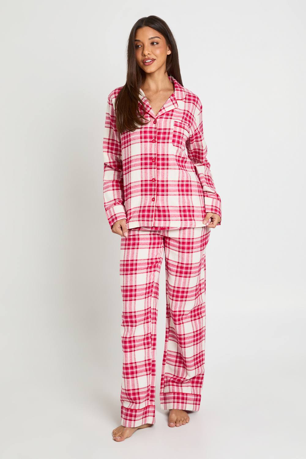 boohoo Women's Brushed Check Long Sleeve Shirt & Trousers Pyjama Set in Red by boohoo