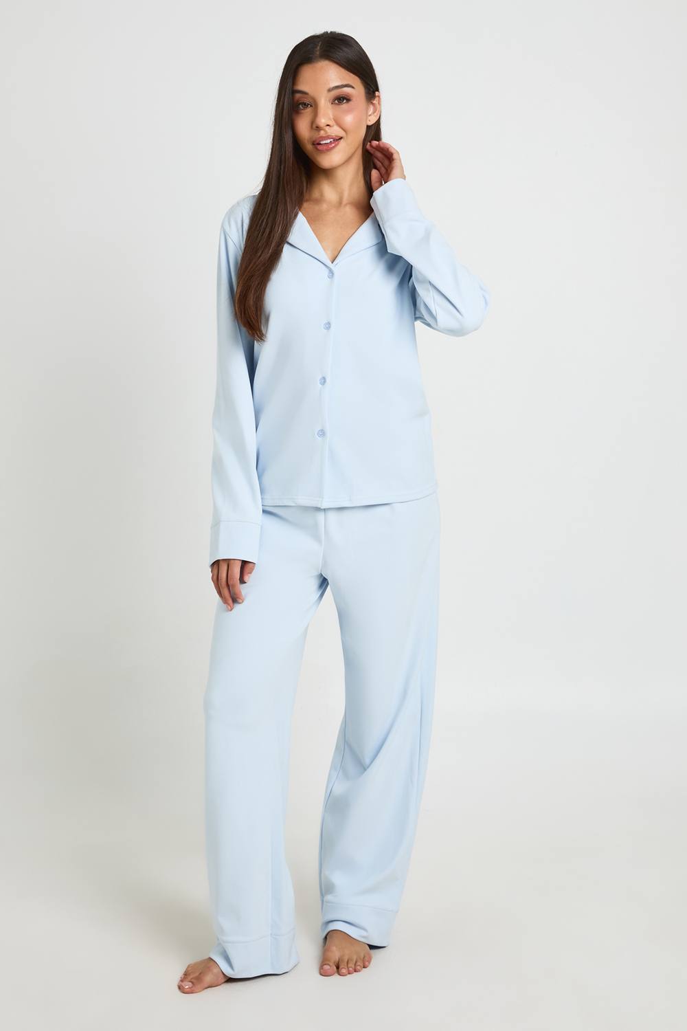 boohoo Women's Brushed Jersey Long Sleeve Shirt & Trouser Pyjama Set in Light Blue by boohoo