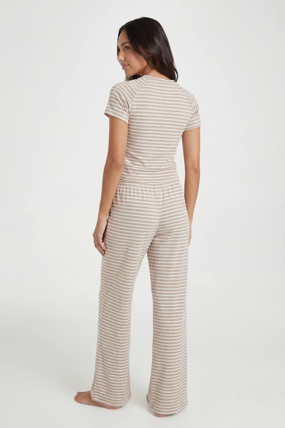 boohoo Women's Brushed Jersey Striped Baby T-Shirt & Trouser Pyjama Set in Beige by boohoo