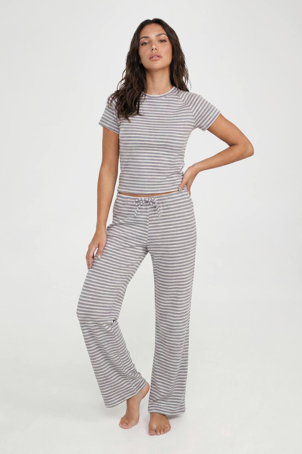 boohoo Women's Brushed Jersey Striped Baby T-Shirt & Trouser Pyjama Set in Grey by boohoo
