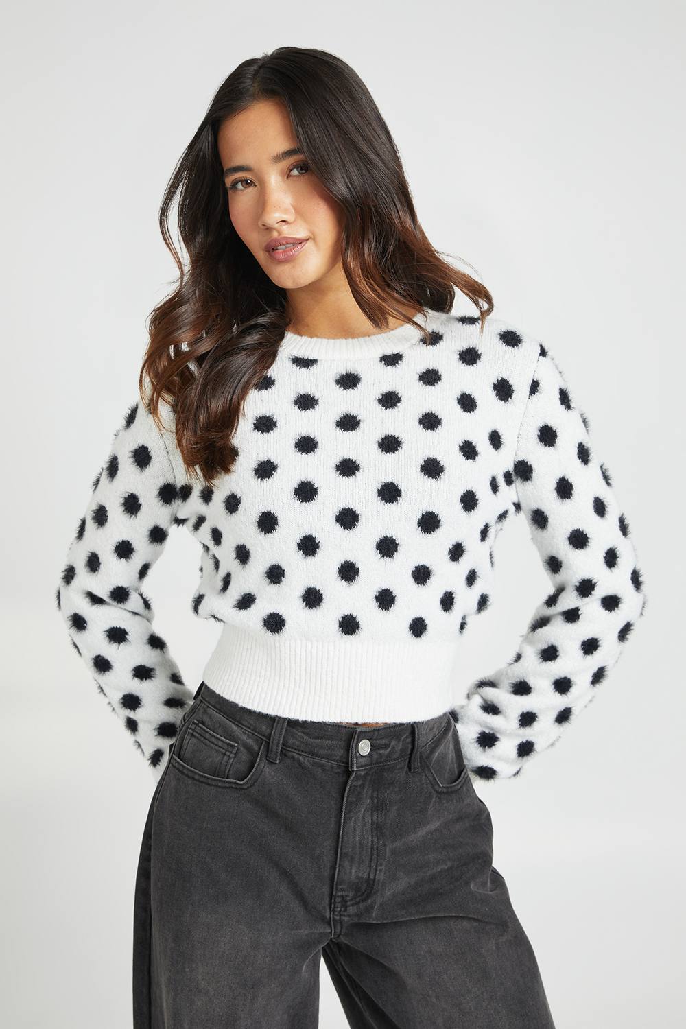 boohoo Women's Brushed Knit Polka Dot Jumper in Ecru by boohoo