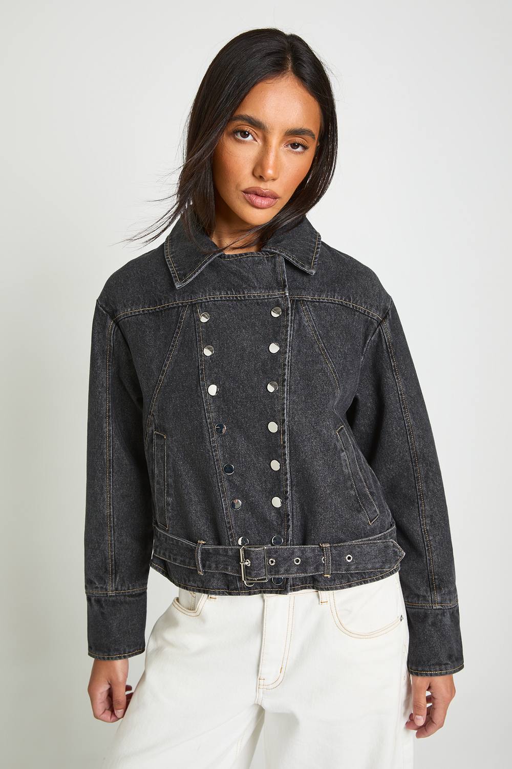 boohoo Women's Button Detail Military Denim Bomber Jacket in Washed Black by boohoo