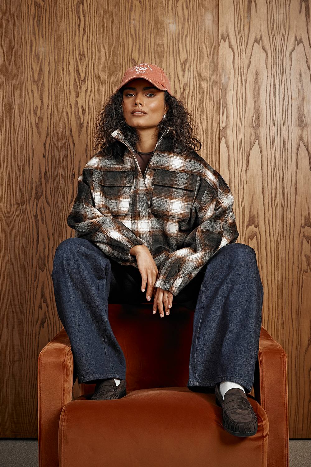 boohoo Women's Check Funnel Neck Wool Look Bomber Jacket in Brown | Size: 12 | Knitted