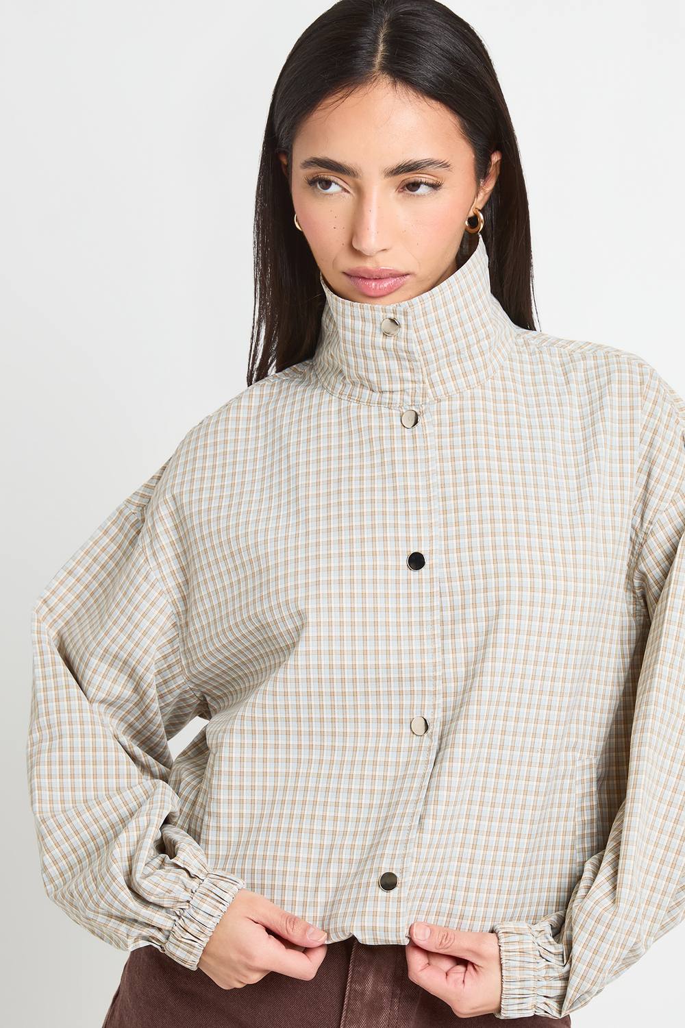 boohoo Women's Check Oversized Funnel Neck Top in Blue by boohoo