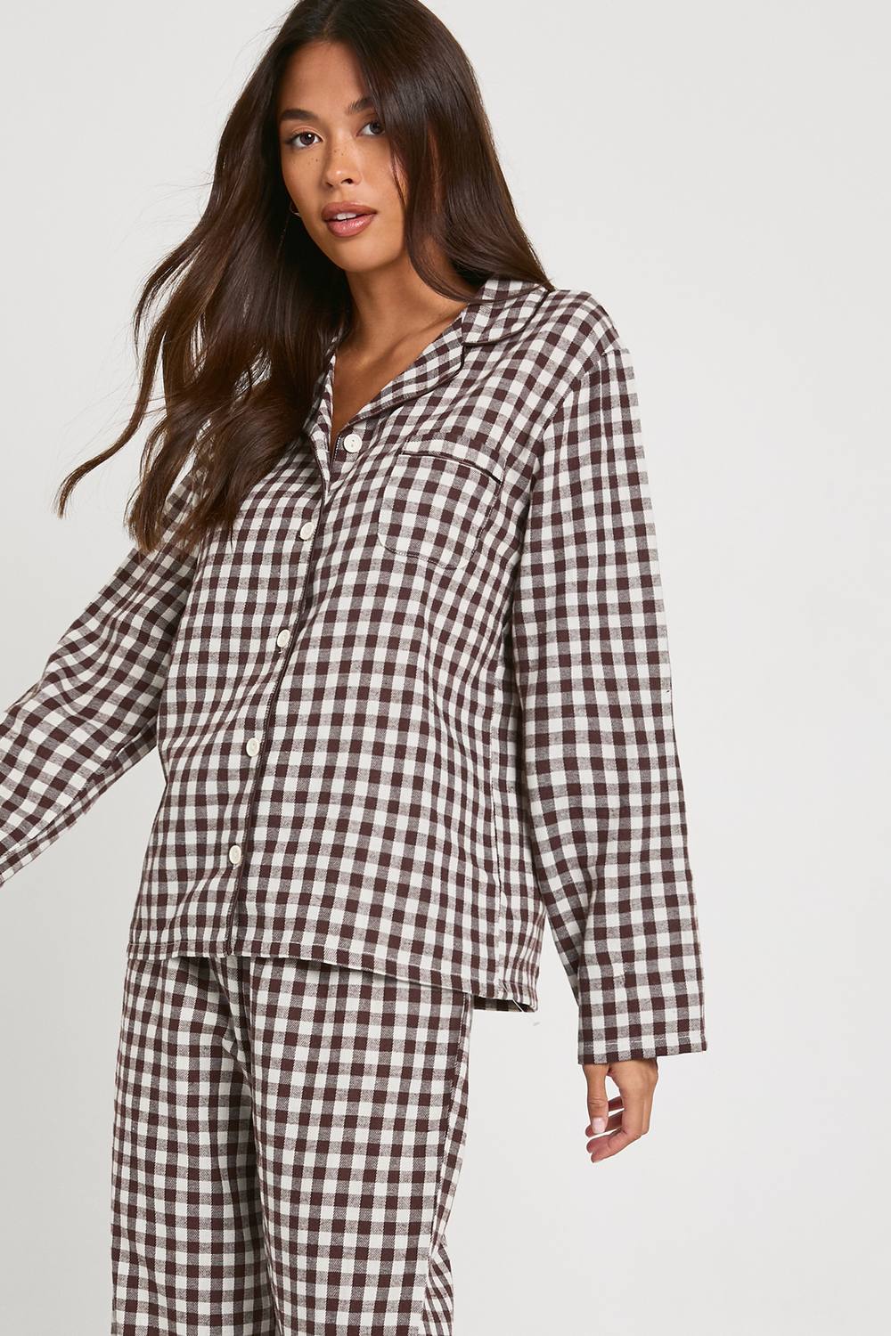 boohoo Women's Christmas Brushed Check Long Sleeve Shirt & Trousers Pyjama Set in Chocolate by boohoo