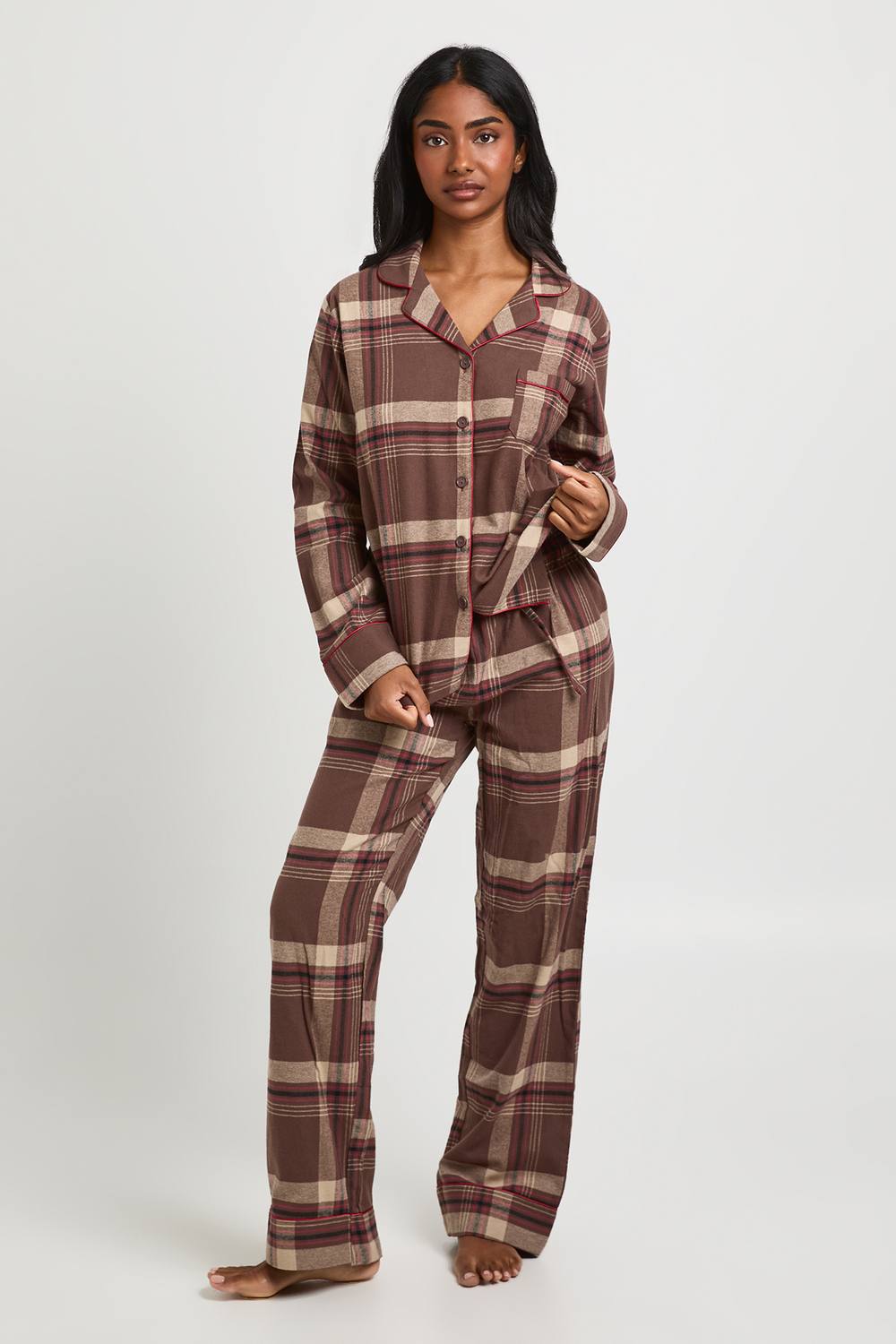 boohoo Women's Christmas Brushed Check Long Sleeve Shirt & Trousers Pyjama Set in Chocolate by boohoo