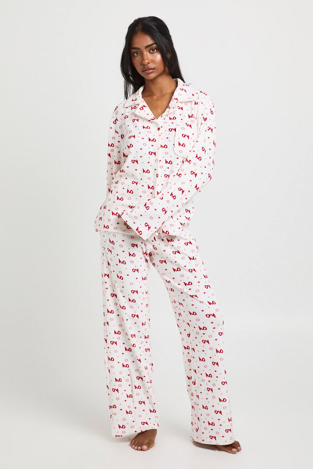 boohoo Women's Christmas Print Fleece Long Sleeve Shirt & Trouser Pyjama Set in White by boohoo