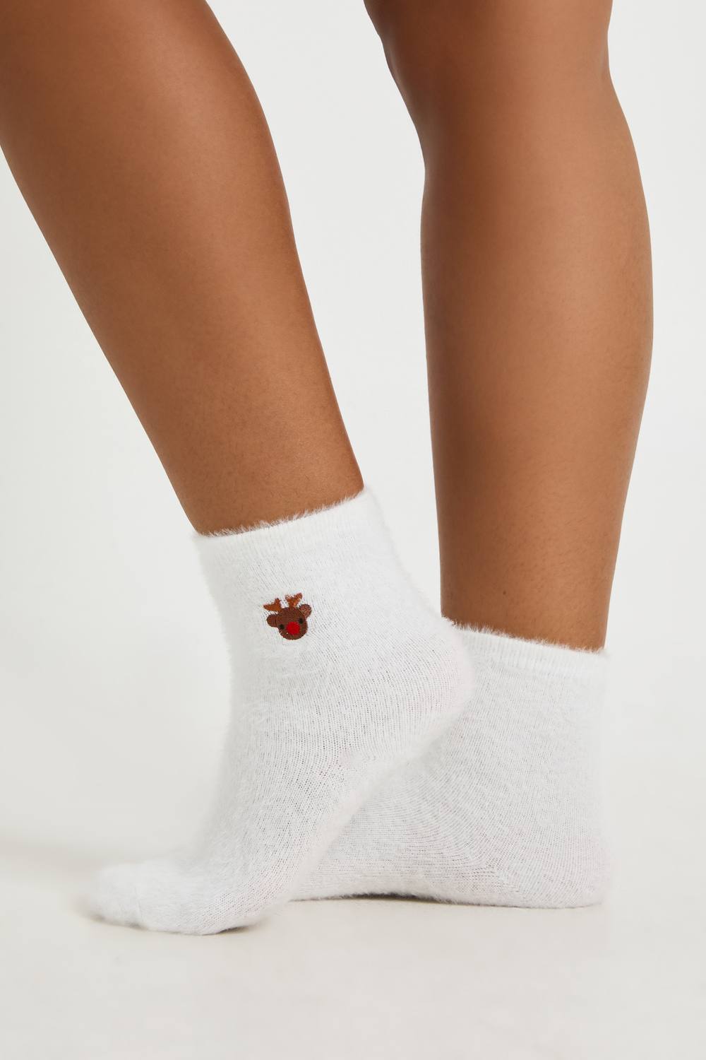 boohoo Women's Christmas Reindeer Embroidered Fluffy Socks in White by boohoo