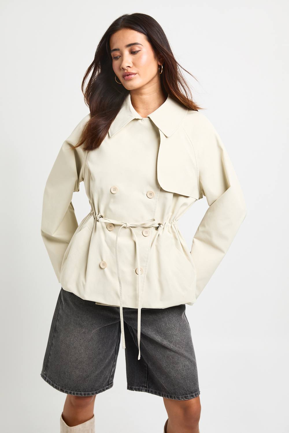 boohoo Women's Cinched Waist Short Trench Coat in Stone by boohoo