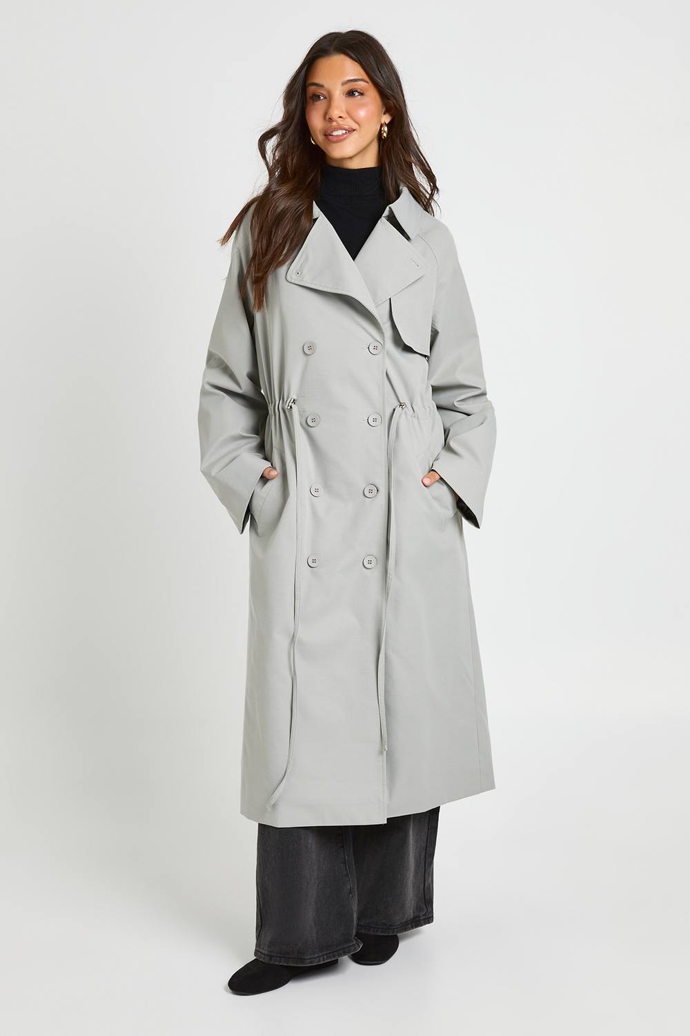 boohoo Women's Cinched Waist Trench Coat in Light Grey by boohoo