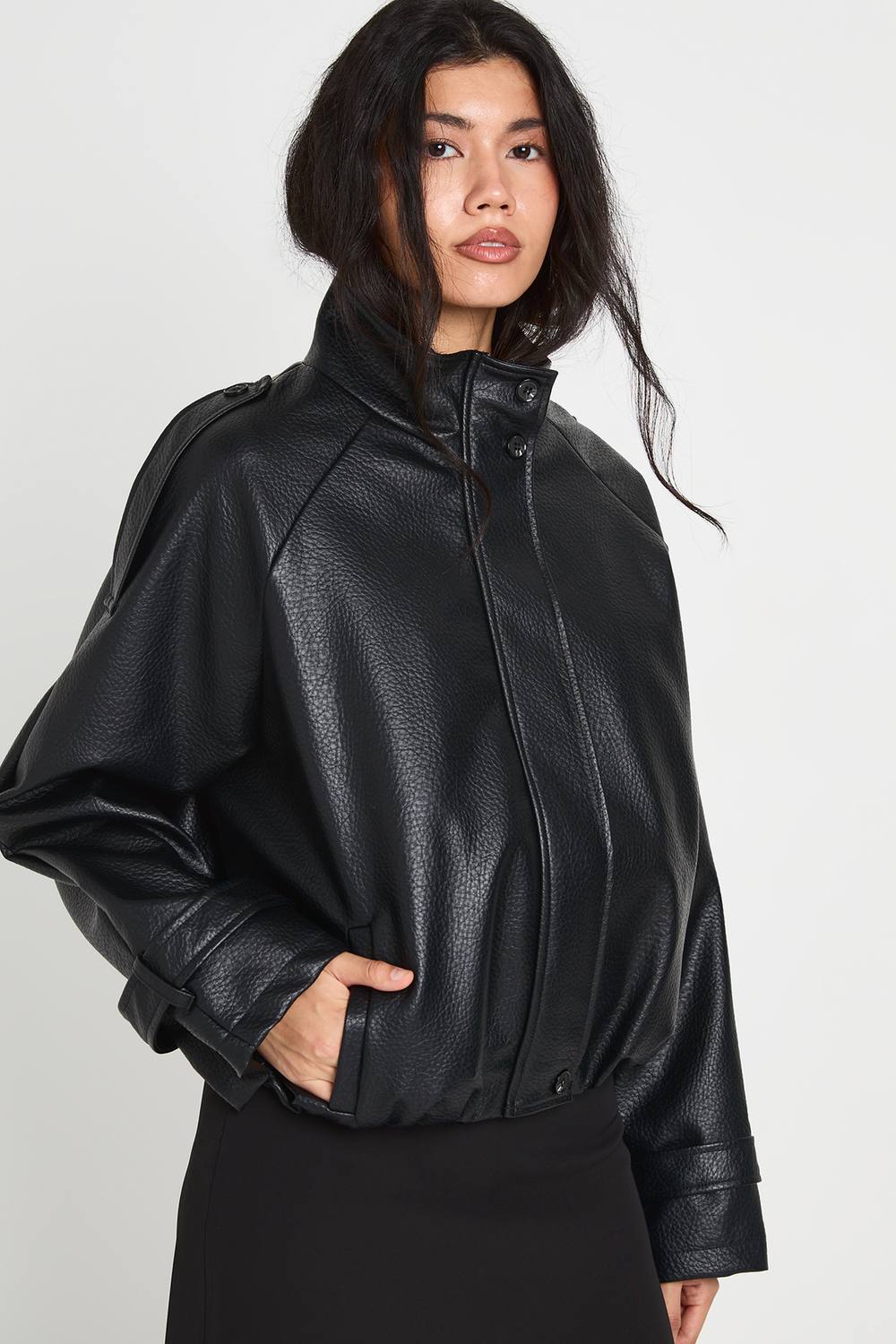 boohoo Women's Collared Faux Leather Bomber Jacket in Black by boohoo