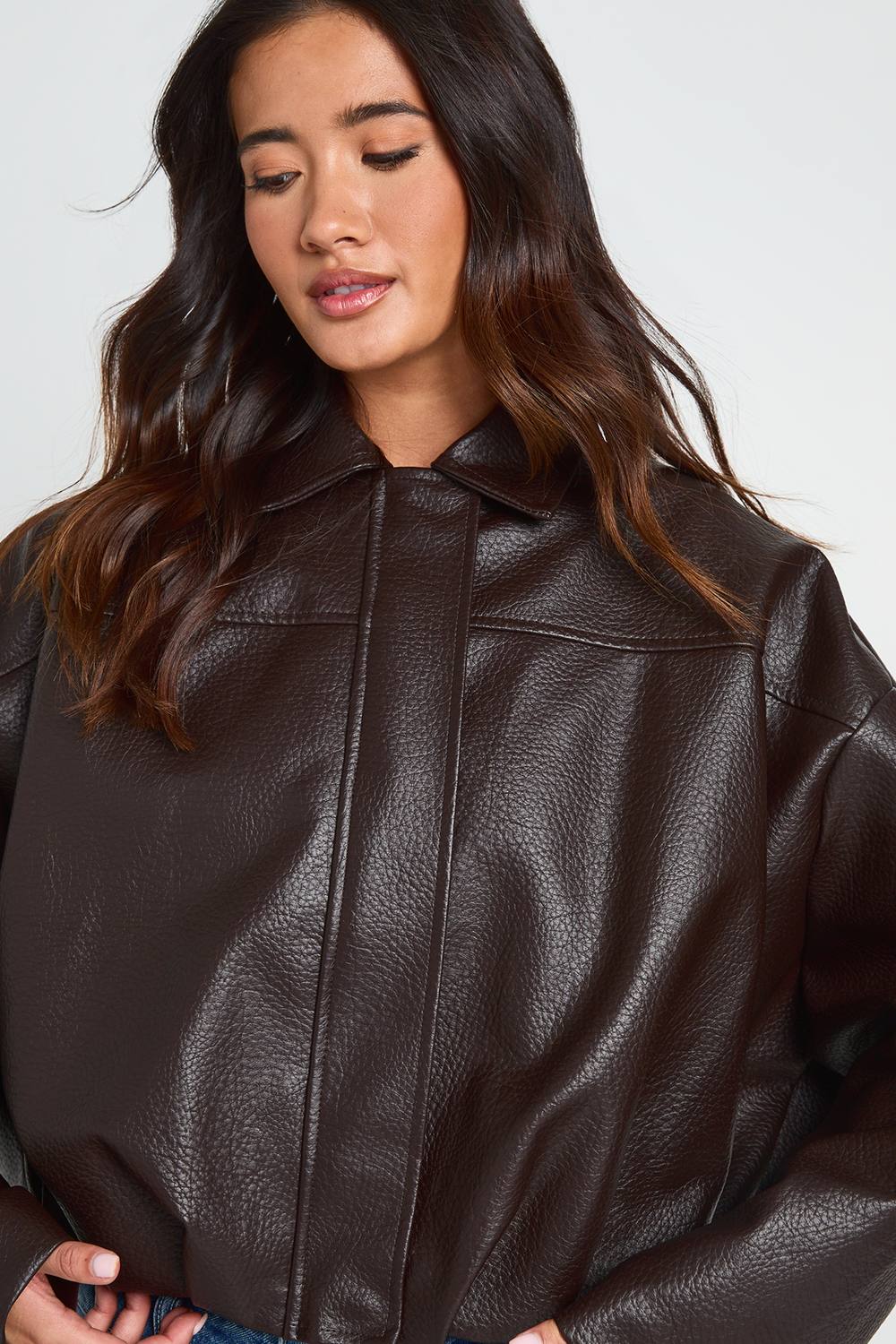 boohoo Women's Collared Faux Leather Bomber Jacket in Chocolate by boohoo