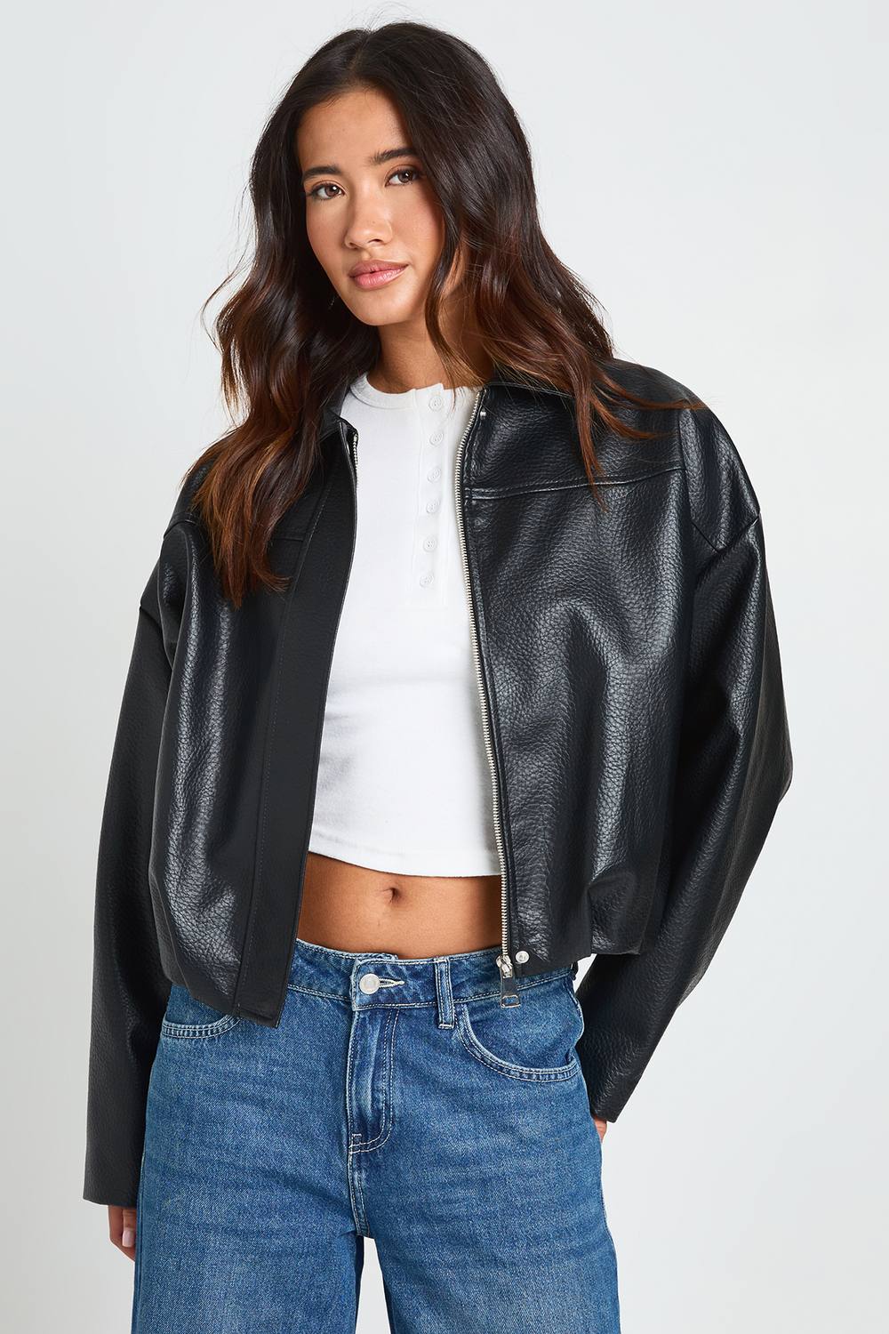 boohoo Women's Collared Faux Leather Bomber Jacket in Black by boohoo