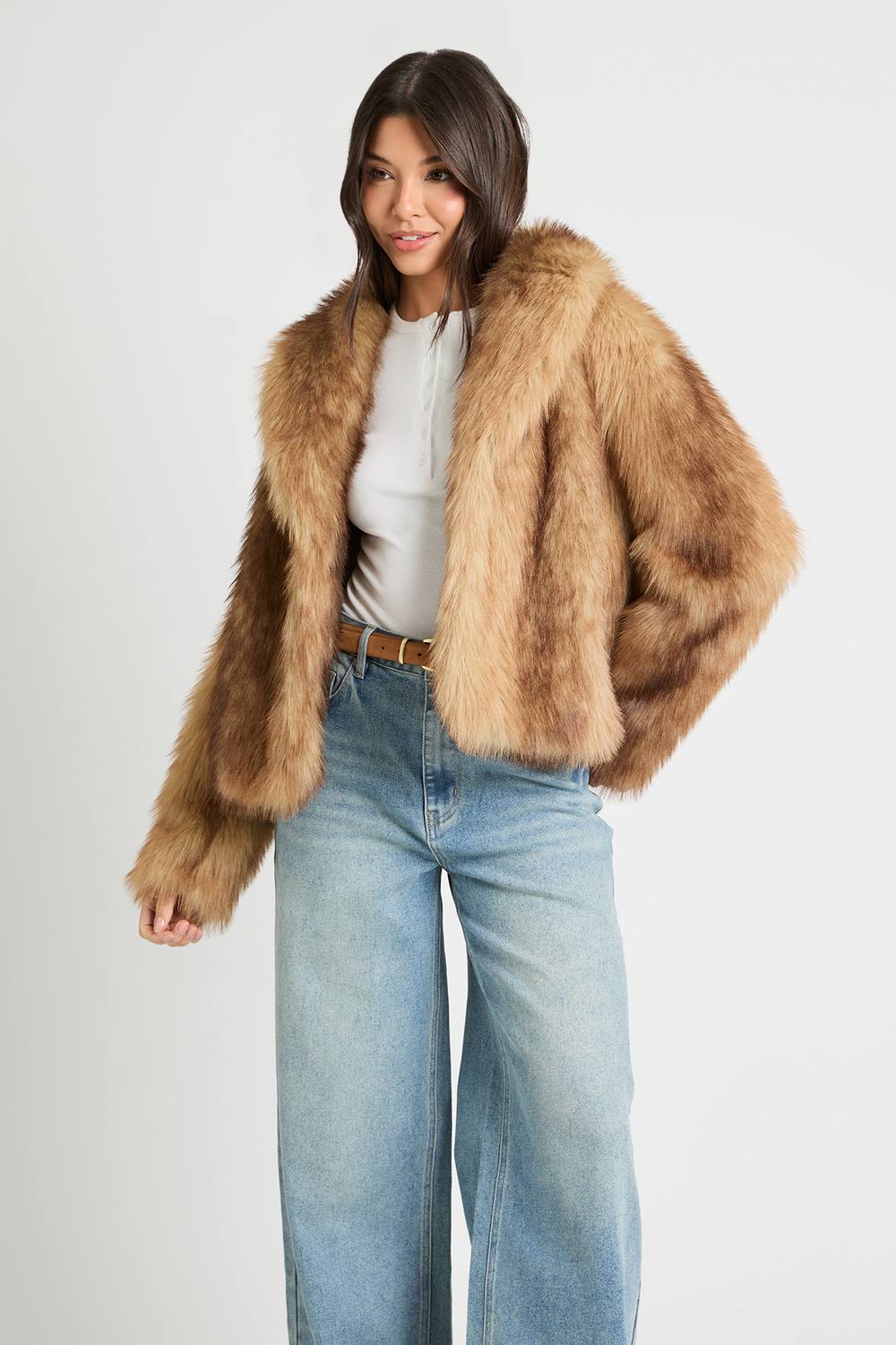 boohoo Women's Collared Fur Coat in Natural by boohoo