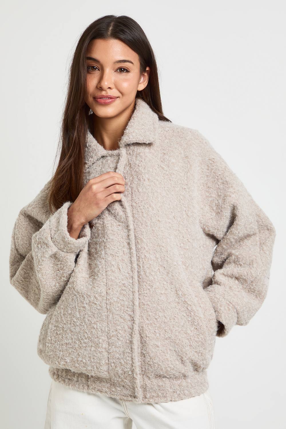 boohoo Women's Collared Textured Wool Look Jacket in Stone by boohoo