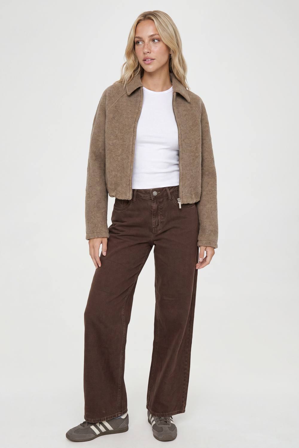 boohoo Women's Collared Wool Look Bomber Jacket in Mushroom by boohoo