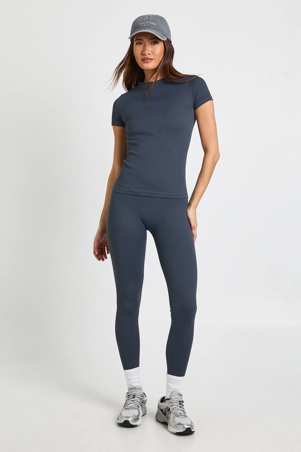 boohoo Women's Contour Ribbed Wrap Waist Seamless Leggings Pants in Charcoal by boohoo