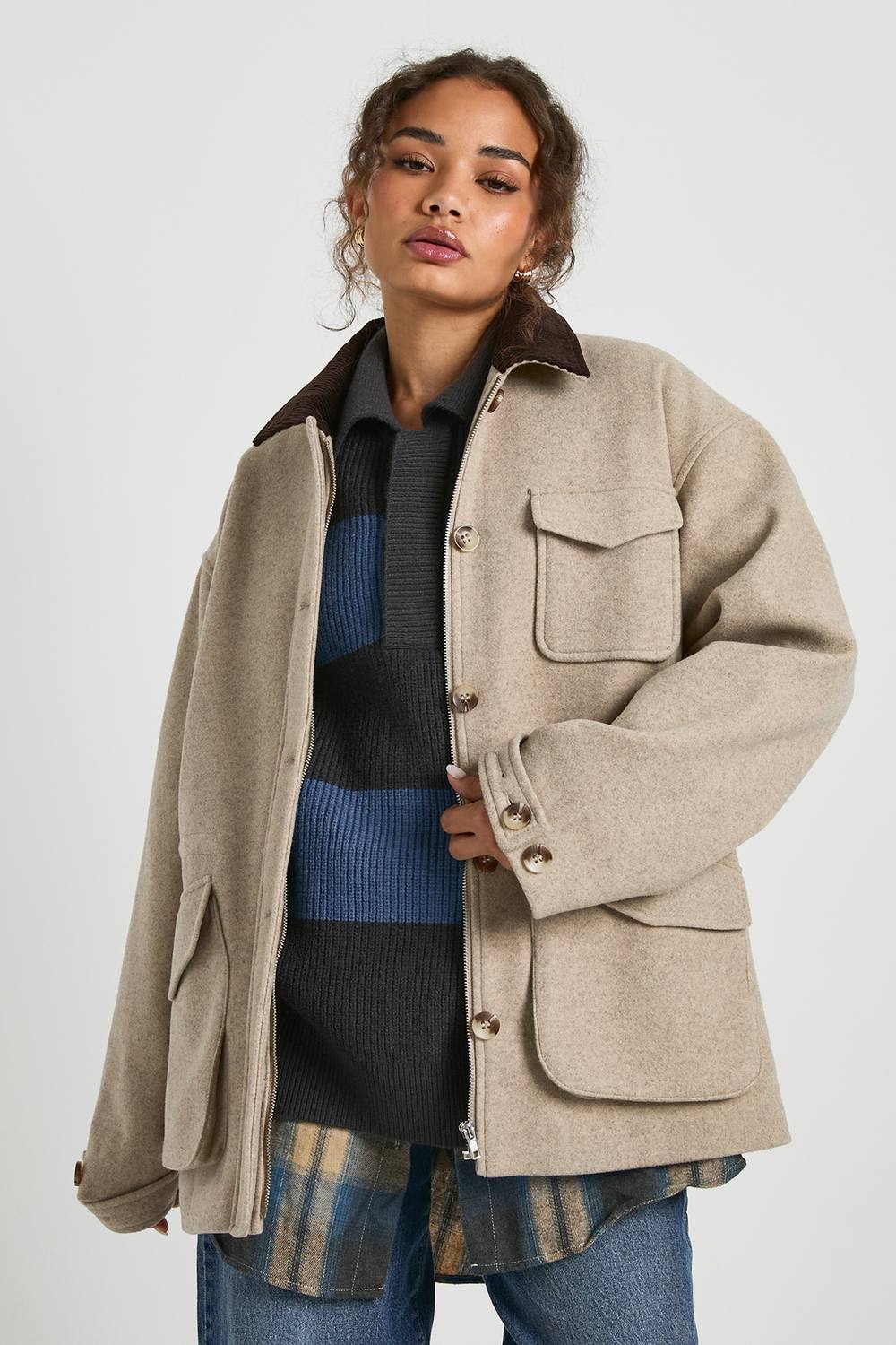boohoo Women's Contrast Cord Collar Wool Look Barn Jacket in Stone by boohoo