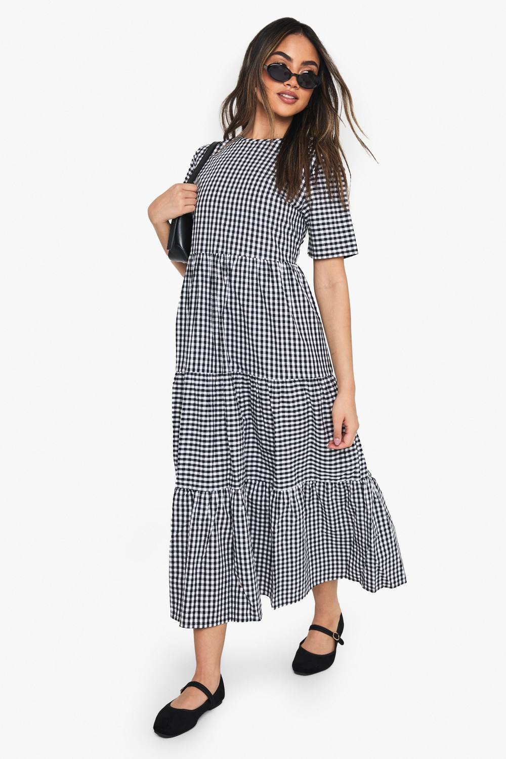 boohoo Women's Cotton Gingham Midaxi Smock Dress in Black by boohoo