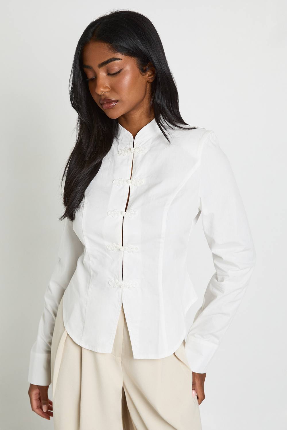 boohoo Women's Cotton Grown On Neck Trim Detail Shirt in White by boohoo