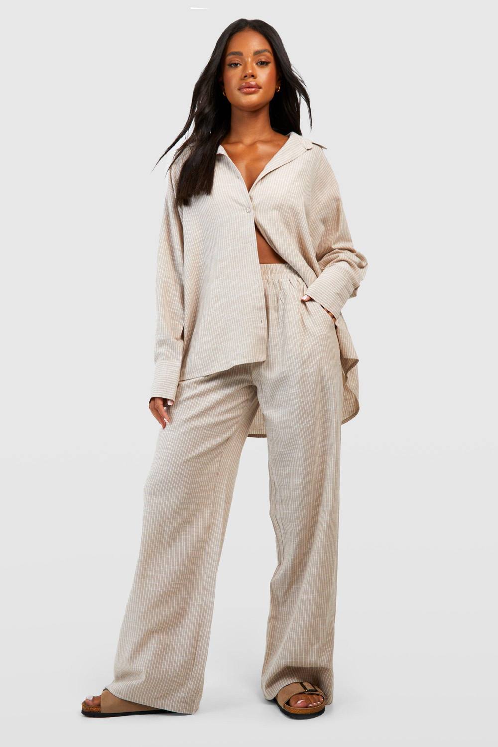 boohoo Women's Cotton Tonal Pinstripe Pyjama Trouser in Stone by boohoo