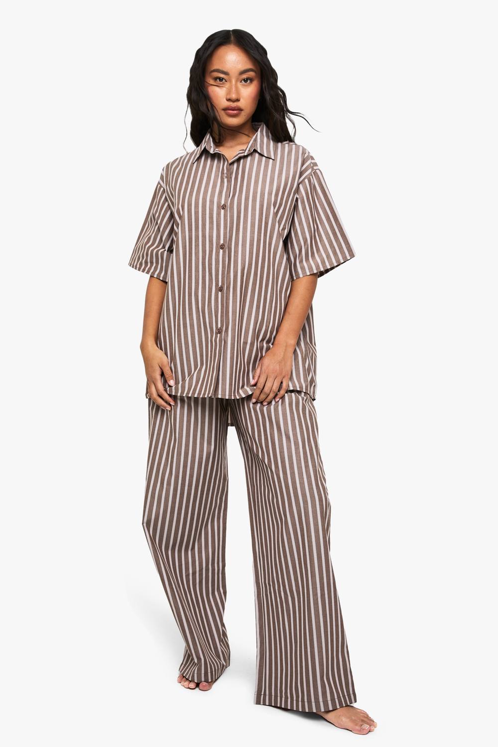 boohoo Women's Cotton Tonal Stripe Pyjama Trouser in Chocolate by boohoo