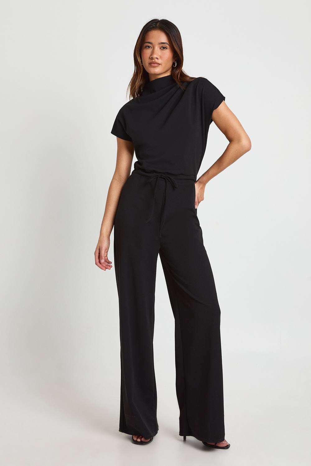boohoo Women's Crepe Grown On Neck Drawstring Waistband Wide Leg Jumpsuit in Black by boohoo