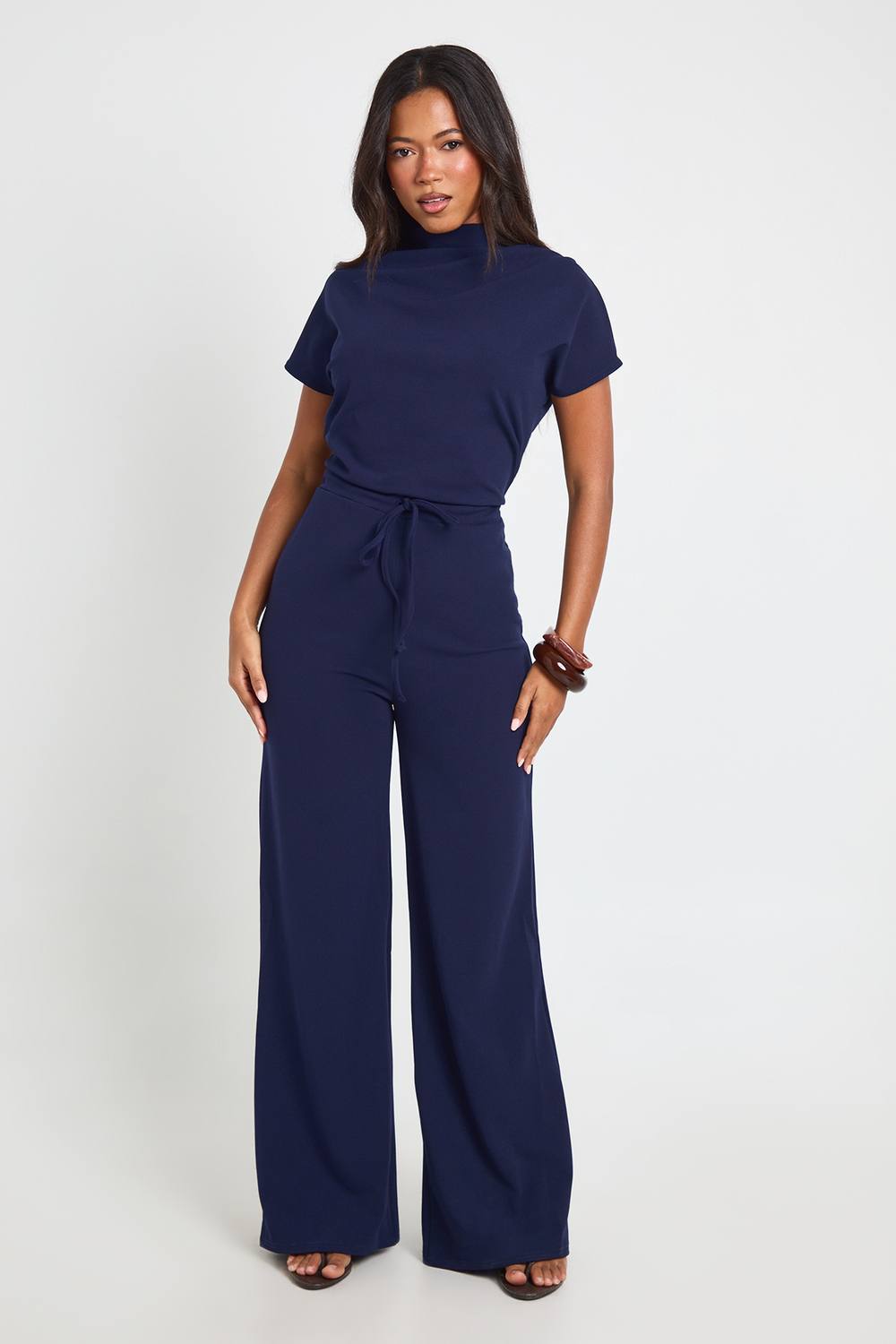 boohoo Women's Crepe Grown On Neck Drawstring Waistband Wide Leg Jumpsuit in Navy by boohoo
