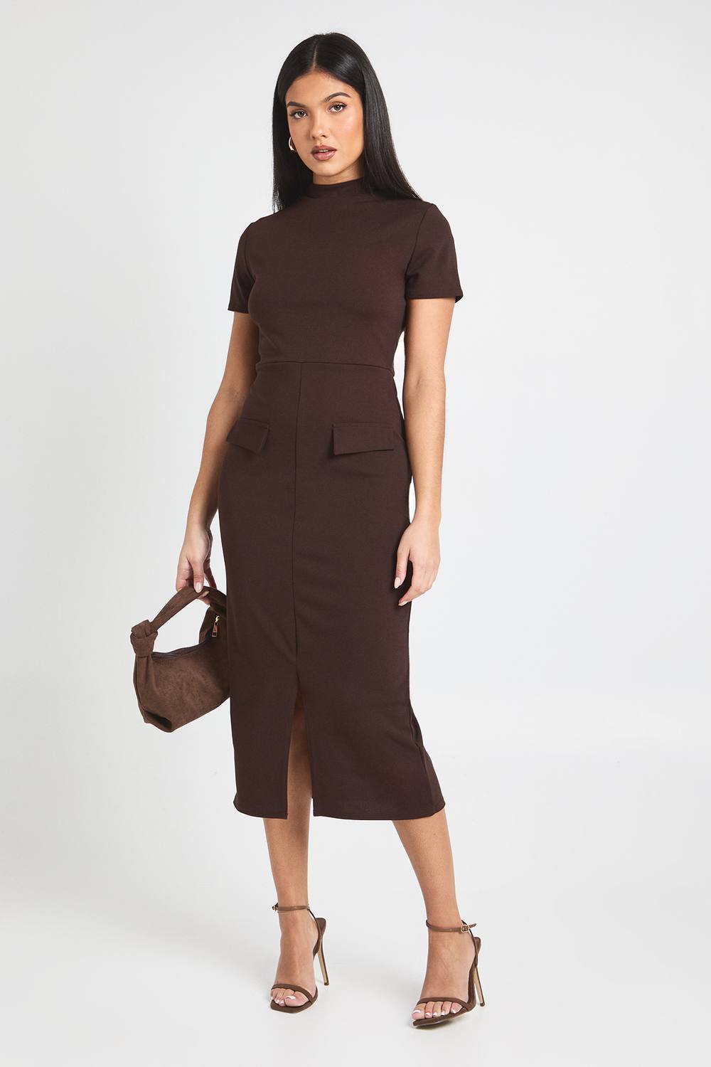 boohoo Women's Crepe High Neck Pocket Detail Midi Dress in Chocolate by boohoo