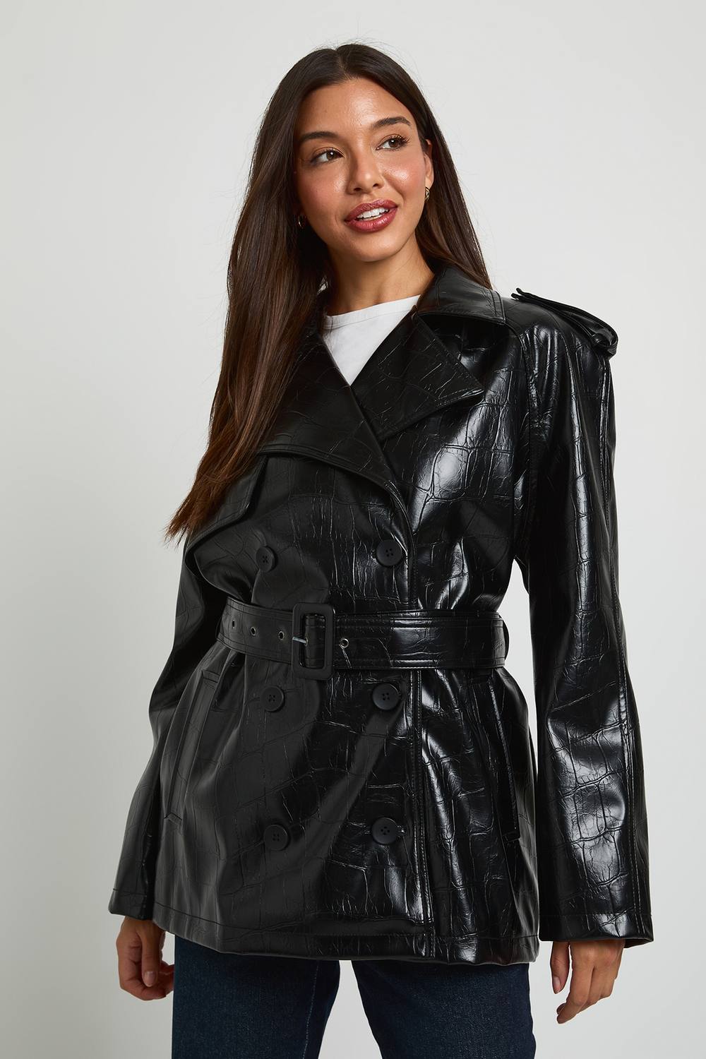 boohoo Women's Croc Faux Leather Belted Trench Coat in Black by boohoo