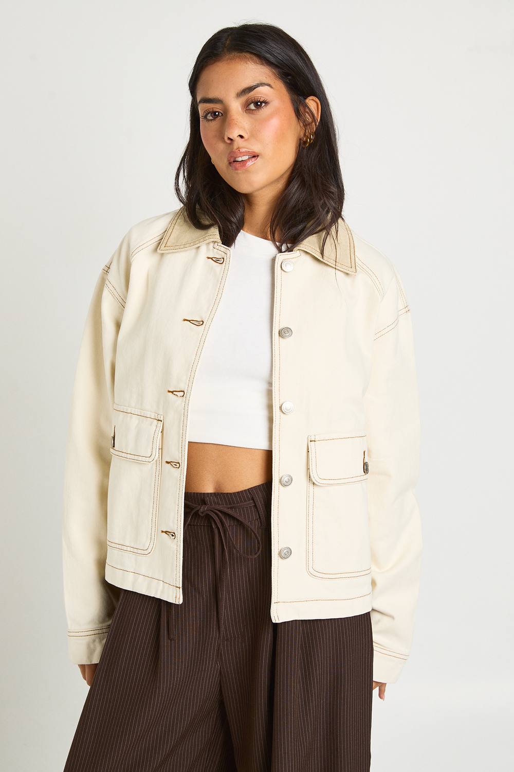 boohoo Women's Denim Barn Jacket in Ecru by boohoo