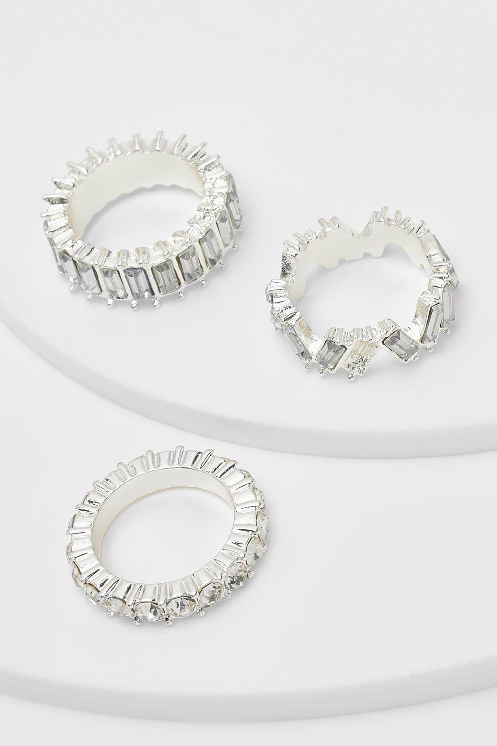 boohoo Women's Diamante Rings 3 Pack in Silver by boohoo