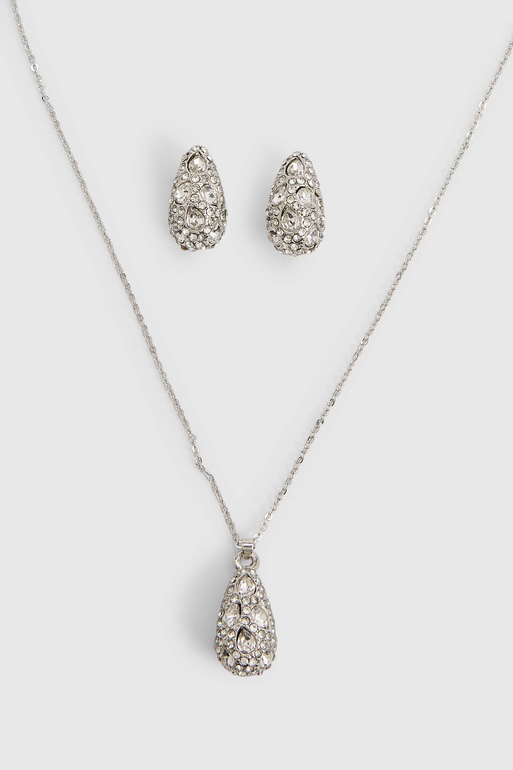 boohoo Women's Diamante Teardrops Earrings & Necklace Set in Silver by boohoo