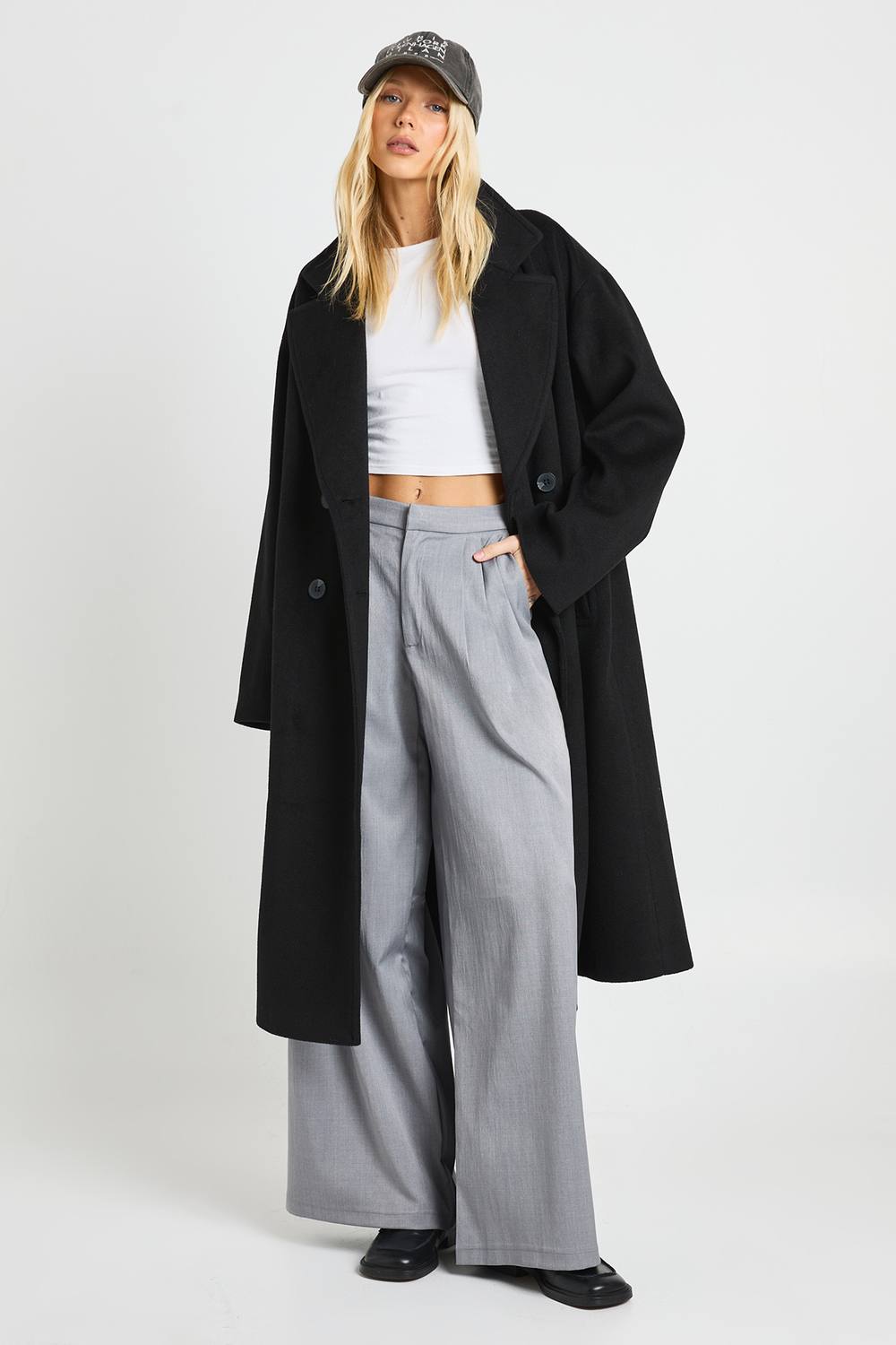 boohoo Women's Double Breasted Wool Look Coat in Black by boohoo