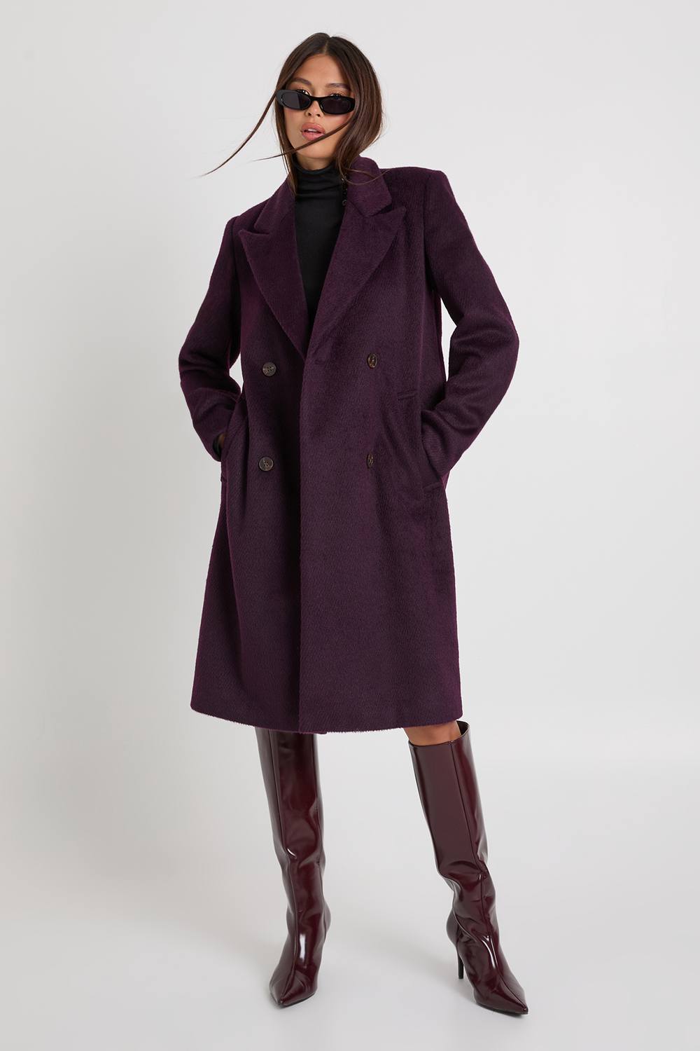 boohoo Women's Double Breasted Wool Look Coat in Plum by boohoo
