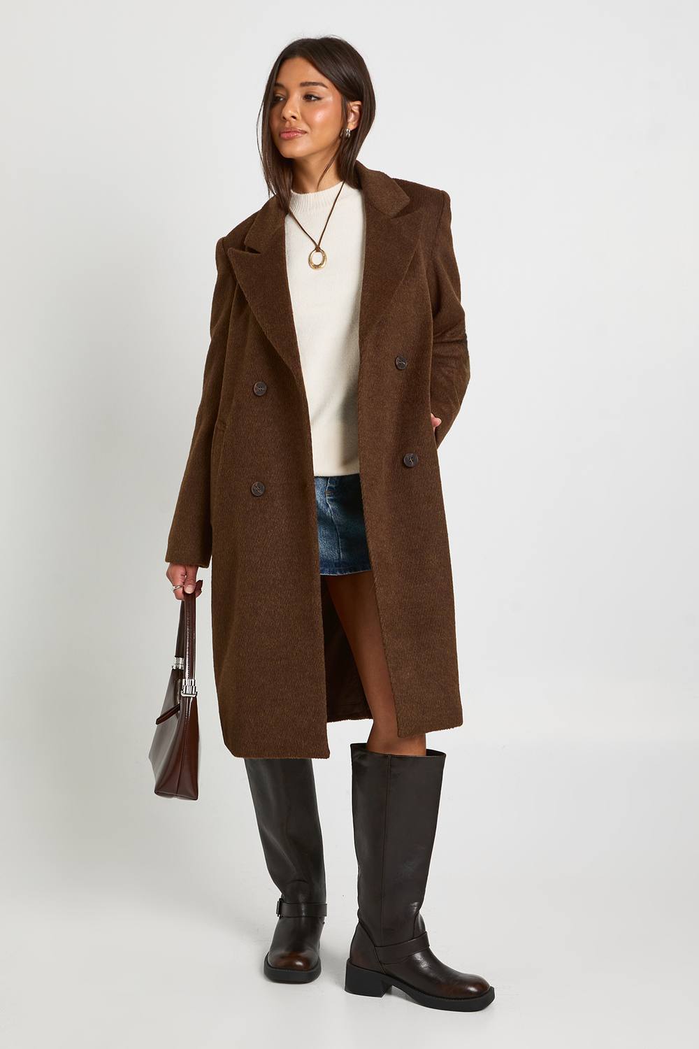 boohoo Women's Double Breasted Wool Look Coat in Chocolate by boohoo