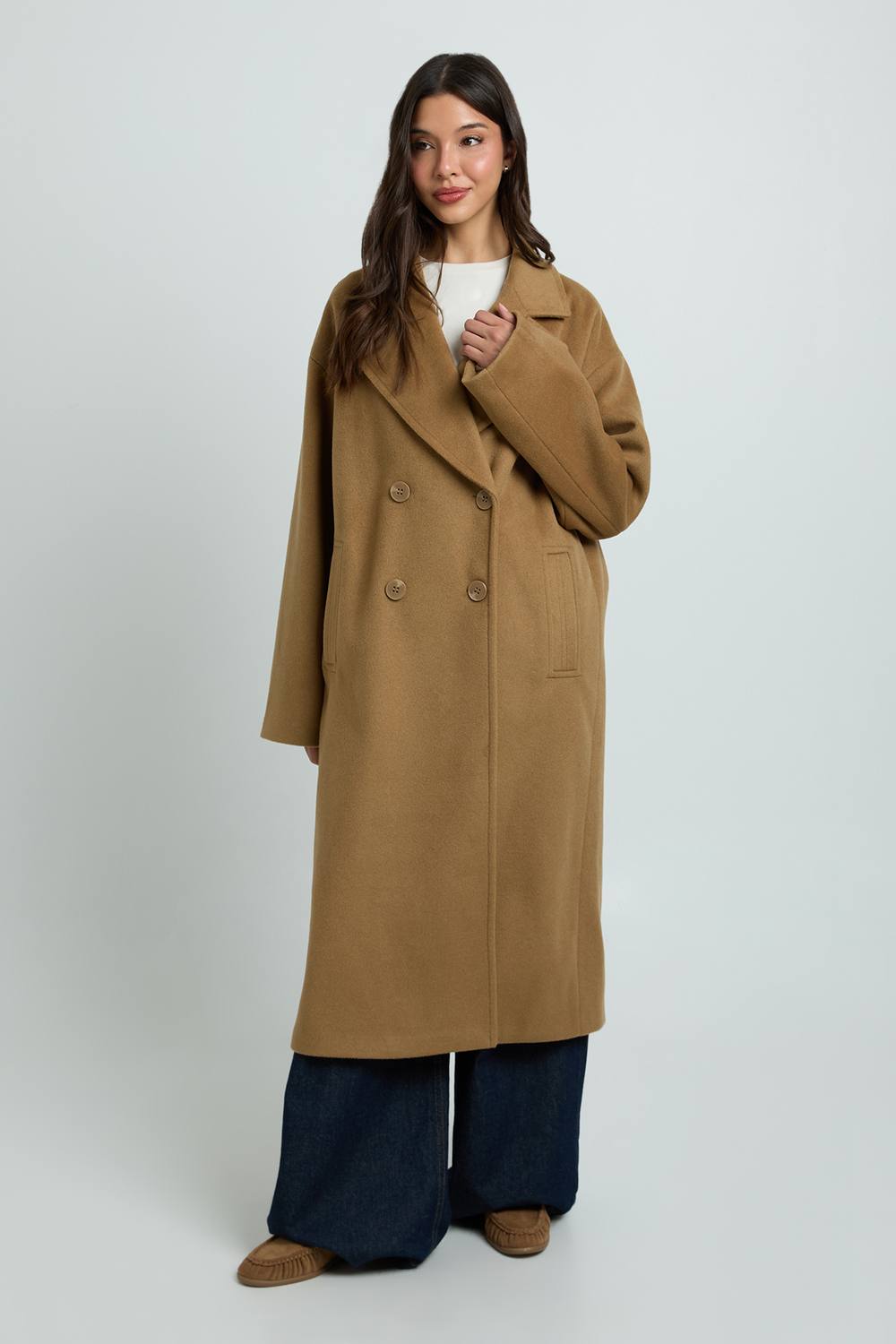 boohoo Women's Double Breasted Wool Look Coat in Camel by boohoo